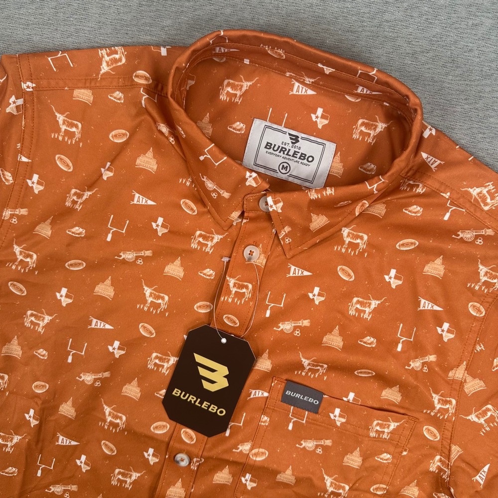NEW Burlebo Texas Longhorns Shirt Mens M Orange Performance Button Up AOP